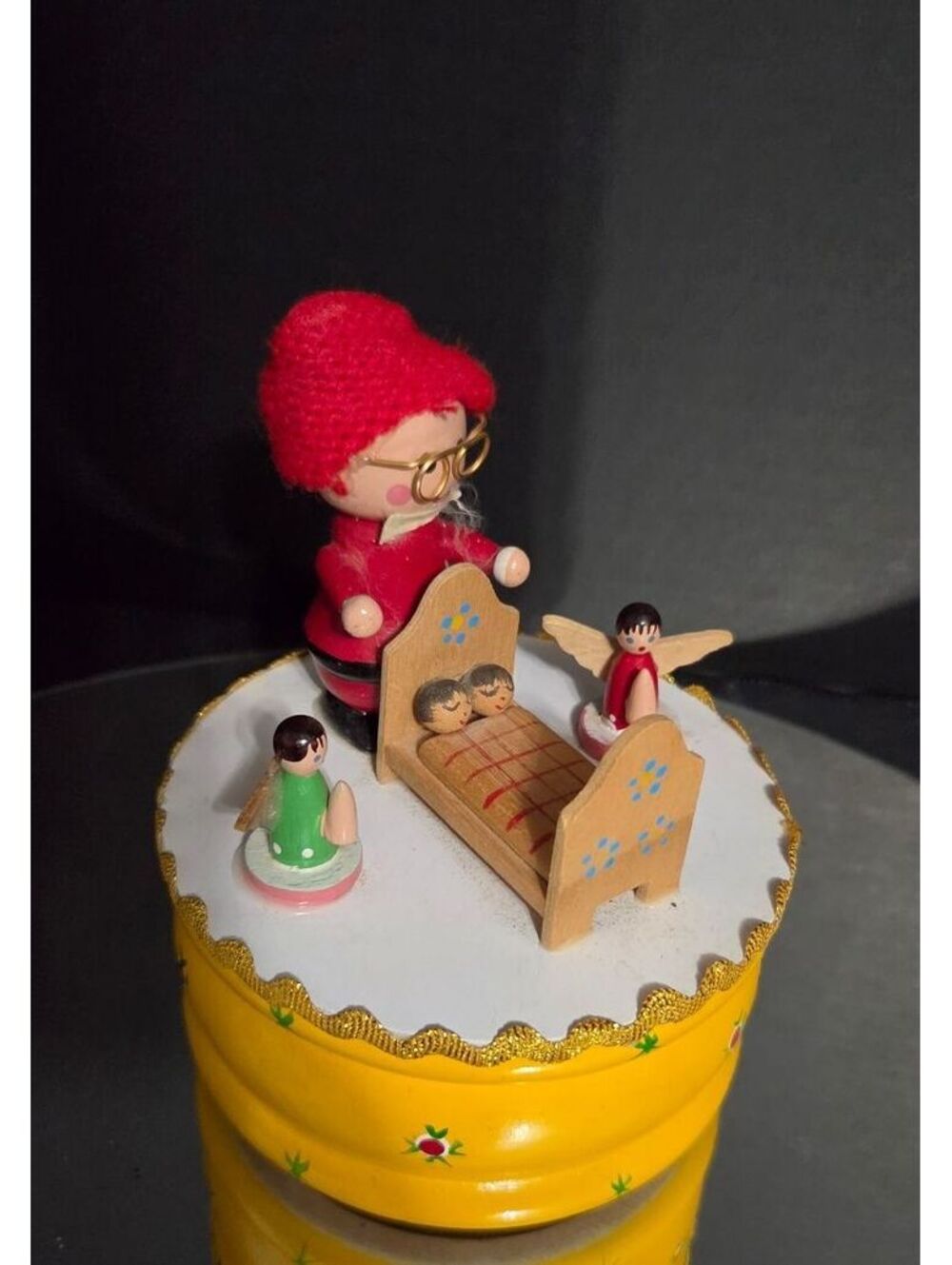 Vintage Wooden Music Box with Sants and Children Figurines in Bed Scene/ Yellow